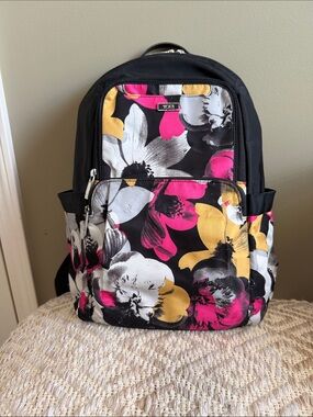 Tumi Black Backpack with Pink, Yellow & White Floral Print